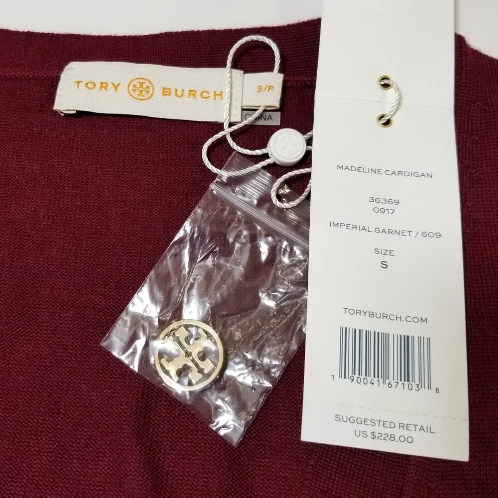 NWT Tory Burch Madeline 100% Merino Wool Cardigan Garnet Red‎ Logo Button XS